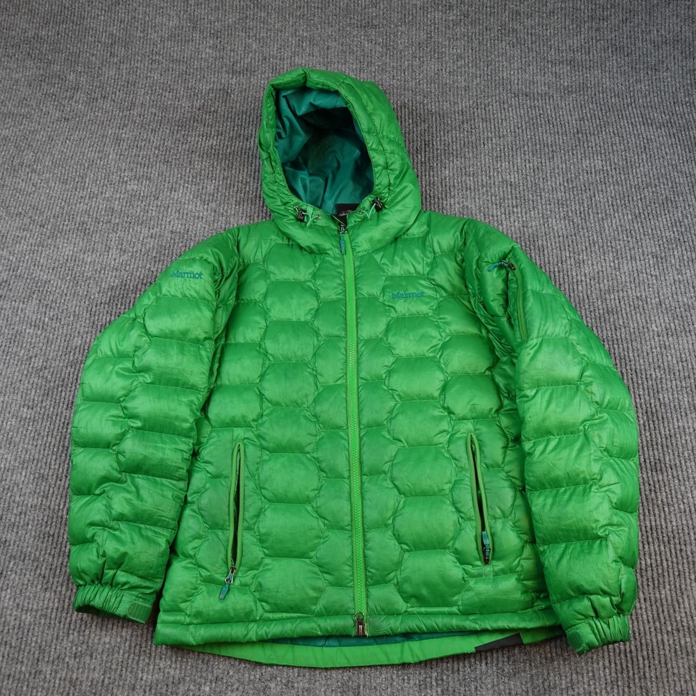 Marmot Quasar Nova Hoody Jacket Mens Medium Green 800 Fill Puffer Full Zip